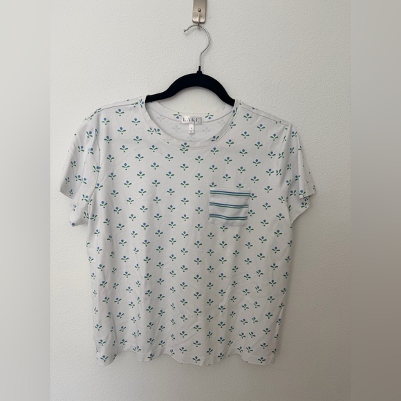 Lake | Pima Crew Wide Leg Pajama Set in Serene Blue Multi Blossom Large - Picture 4 of 10